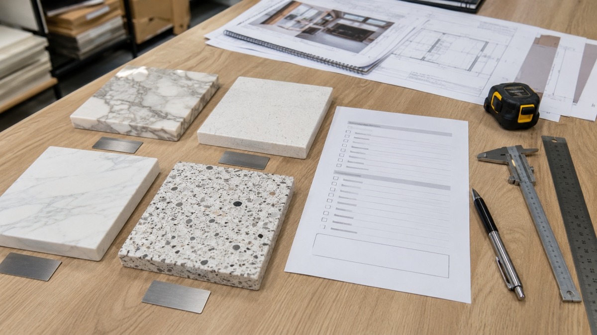 Stone RFQ checklist with samples drawings and measuring tools for project quotation