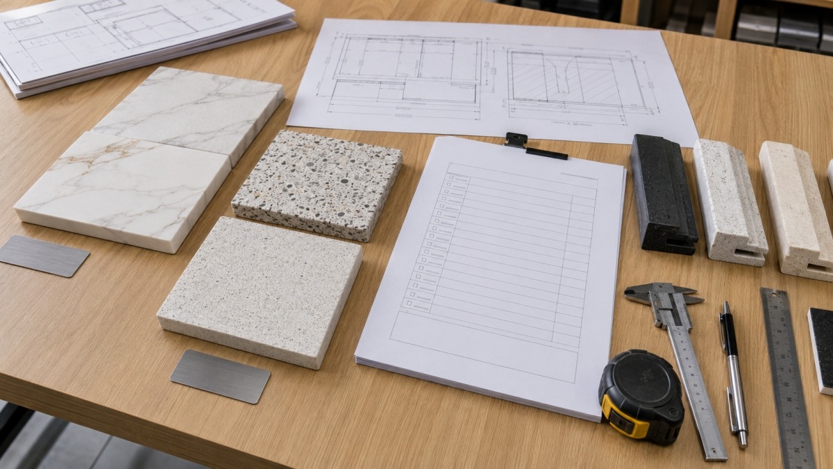 Stone project drawings with cut to size list and material samples for quotation review