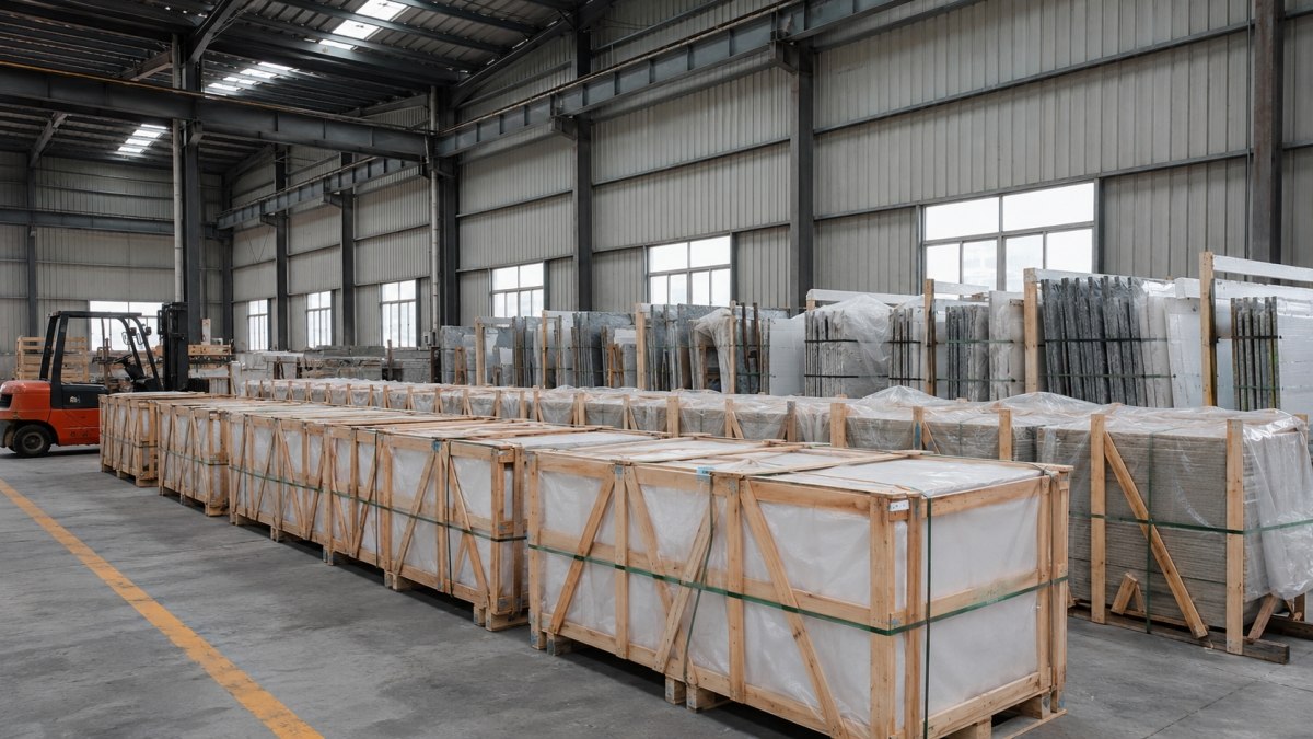 Stone project materials packed and ready for container loading