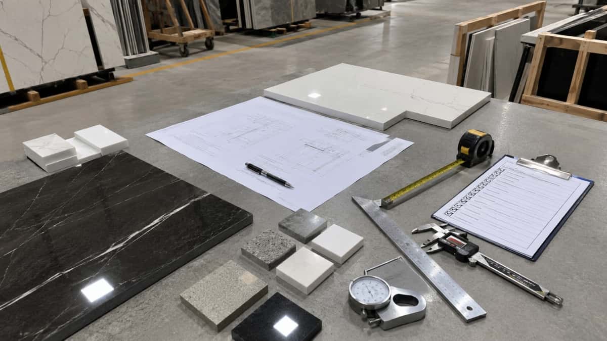 Stone production inspection with samples drawings measuring tools and finished pieces before shipment