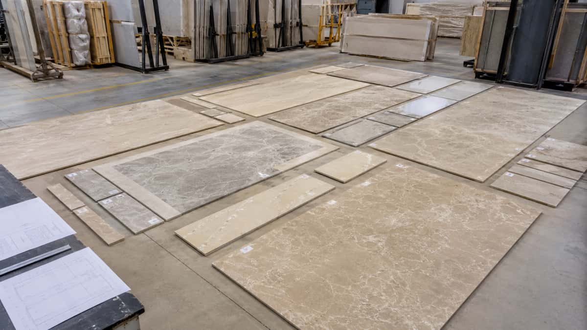 Numbered stone panels arranged for dry layout inspection before packing