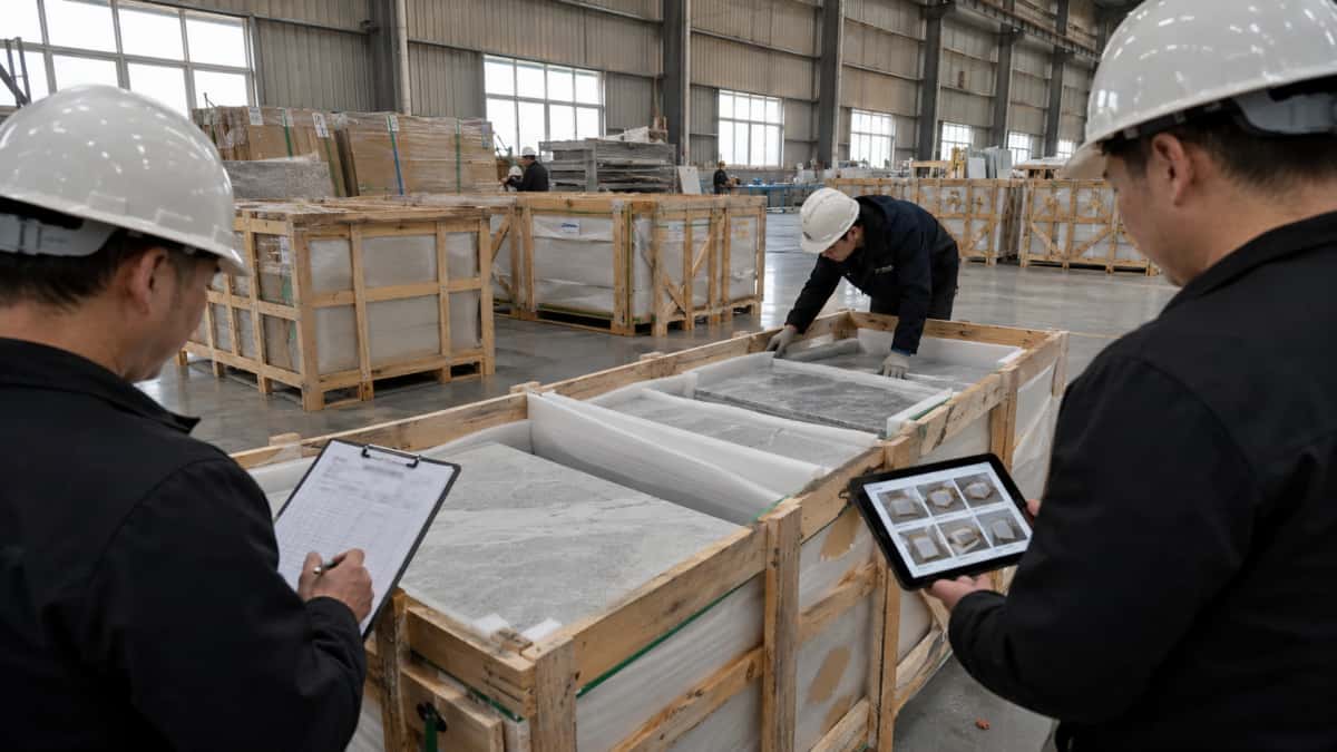 stone-crates-arrival-inspection-packing-list-labels Stone crates arrival inspection with packing list labels and photos before installation