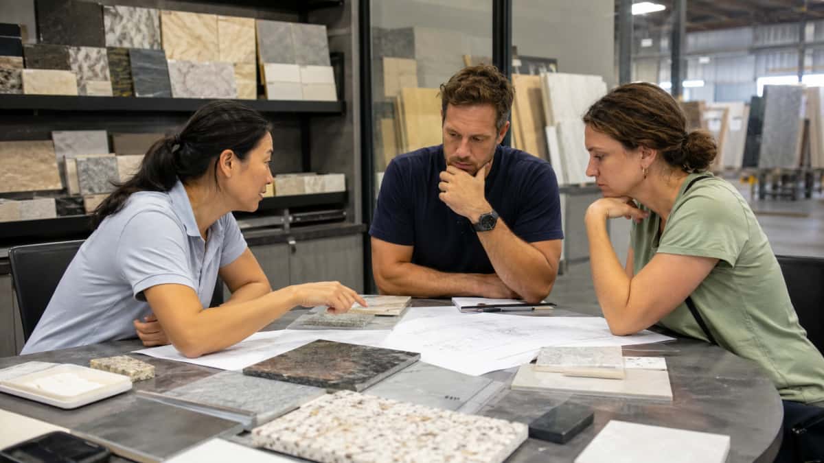 china-stone-supplier-evaluation-hero International buyer discussing stone supplier evaluation with samples and project documents