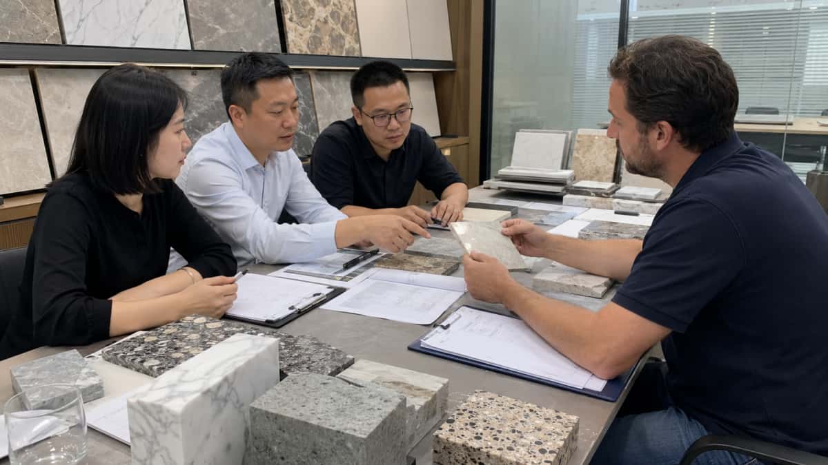 stone-order-review-with-international-buyer Stone supplier and international buyer reviewing order details with samples and documents