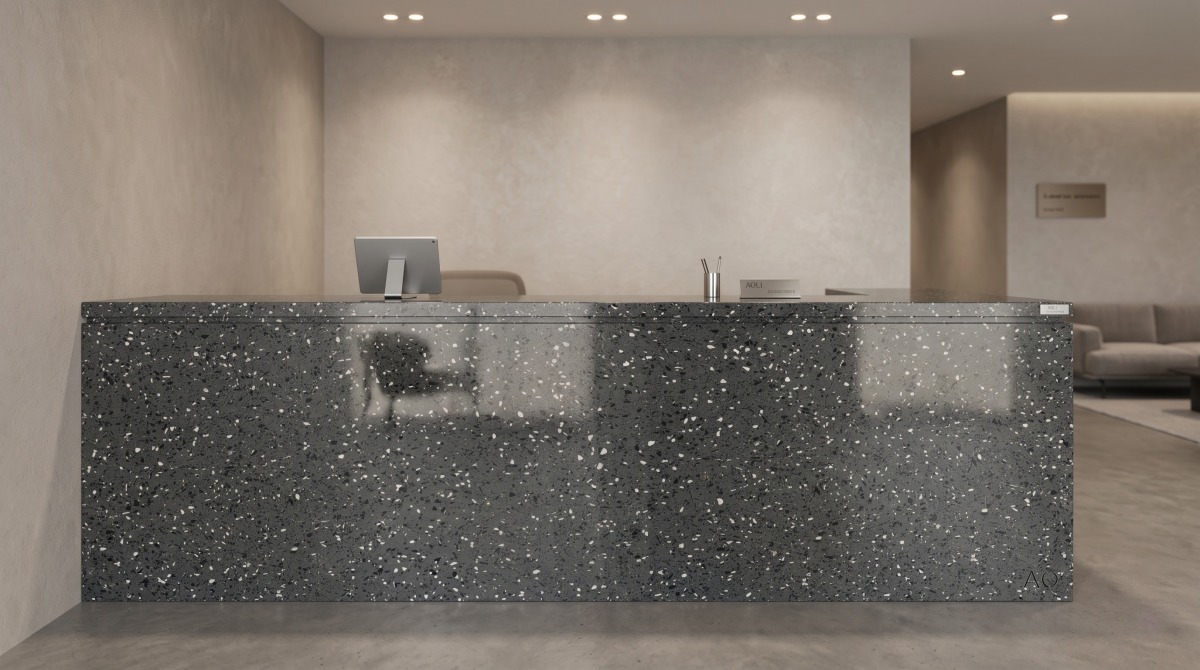 charcoal-chip-grey-artificial-marble-reception-counter Charcoal Chip Grey Artificial Marble reception counter application
