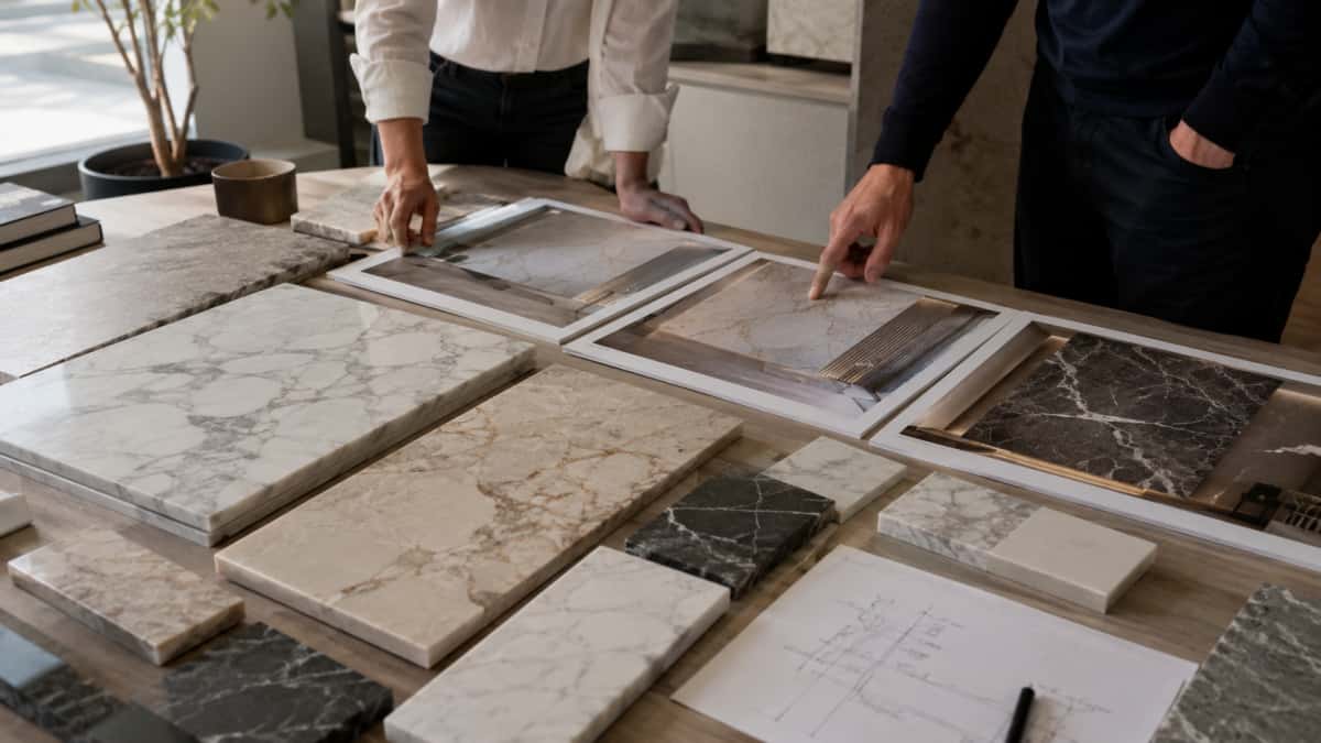 natural-marble-architectural-feature-wall-selection Natural marble samples reviewed for architectural feature wall selection