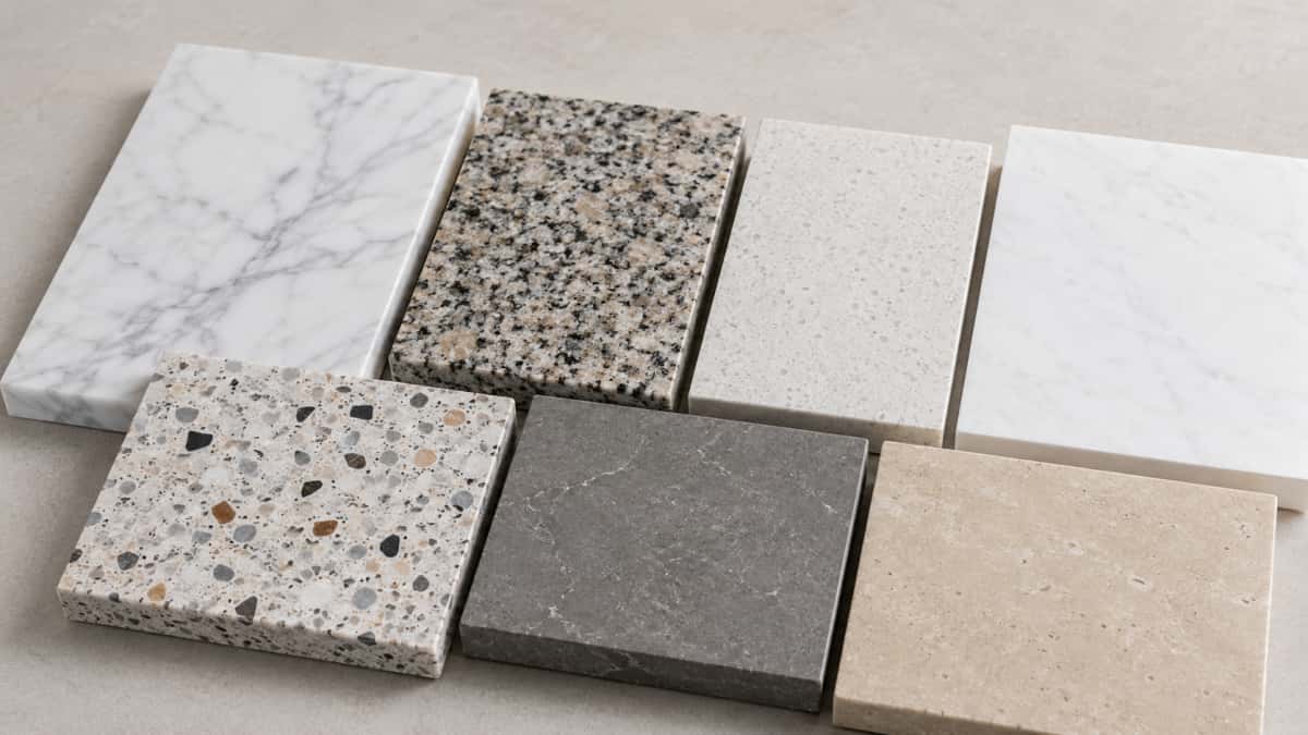 natural-engineered-stone-material-comparison Comparison of natural marble granite quartz artificial marble terrazzo sintered stone and limestone samples