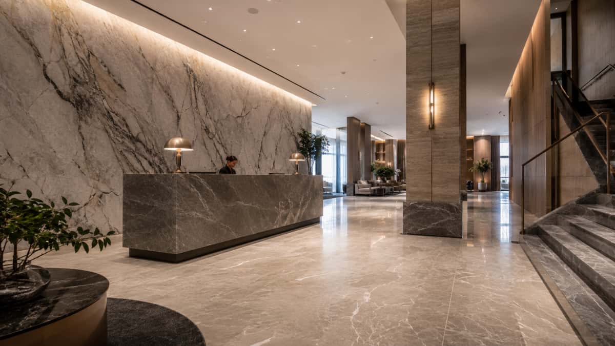 hotel-interior-stone-material-applications Hotel interior showing different stone materials used for walls floors and counters