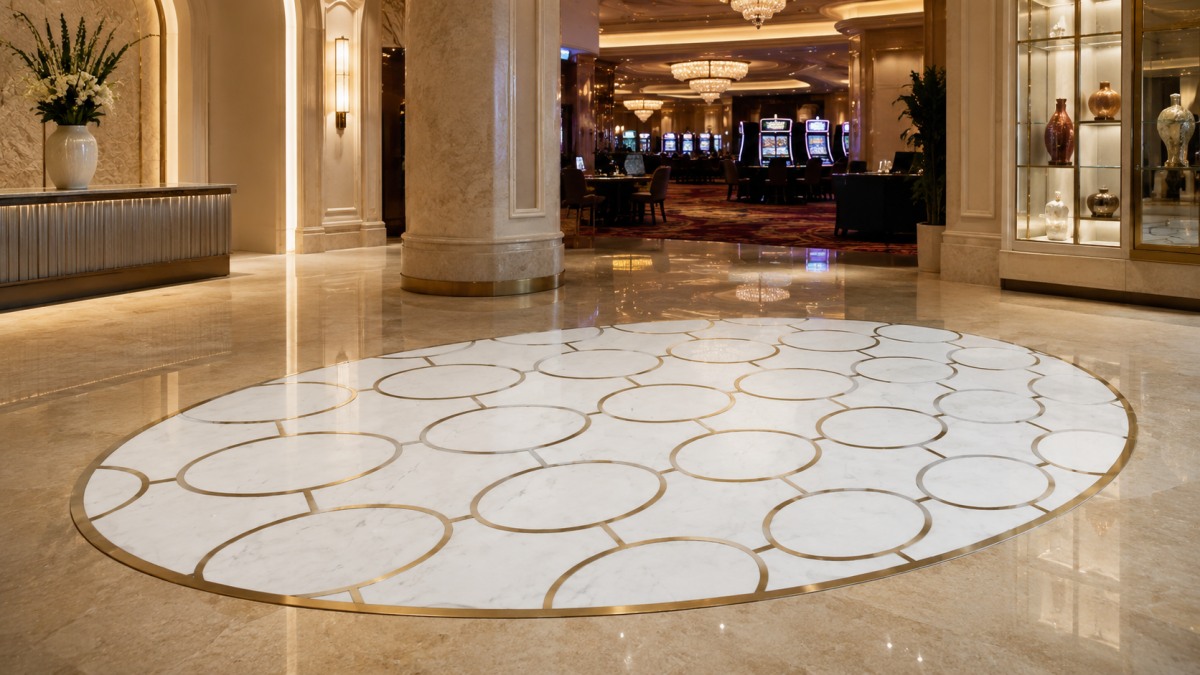 Show white marble base, subtle grey veining, and brass inlay