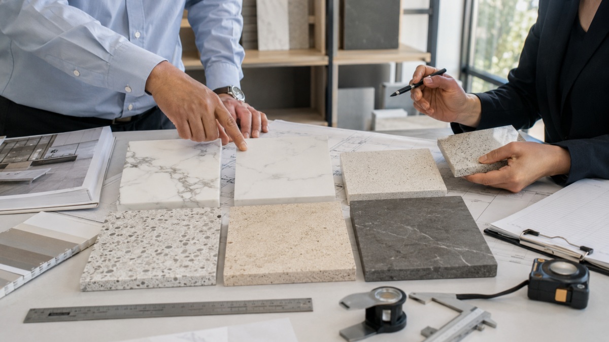 Stone supplier communication review with samples drawings and project notes