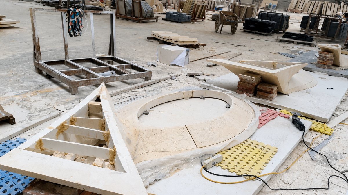 Rounded edge and joint detail of a custom French limestone table