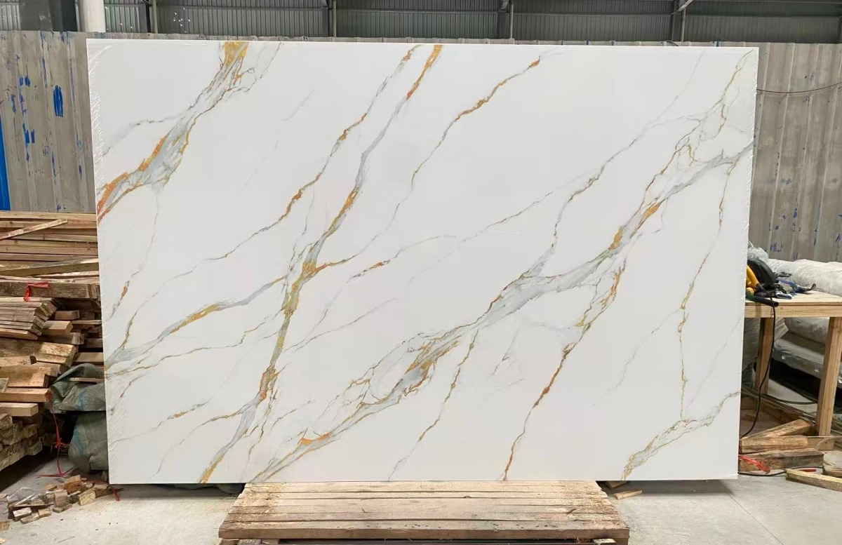White marble look printed artificial stone slab with gold grey vein design