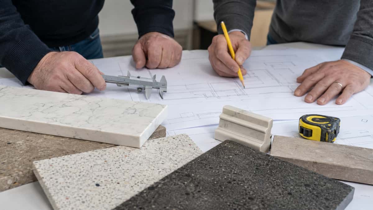 Stone fabrication drawing review with samples and measuring tools