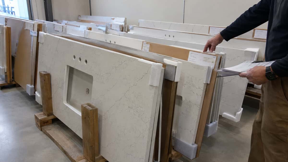 quartz-countertop-storage-before-installation Quartz countertop stored with protected cutout before installation