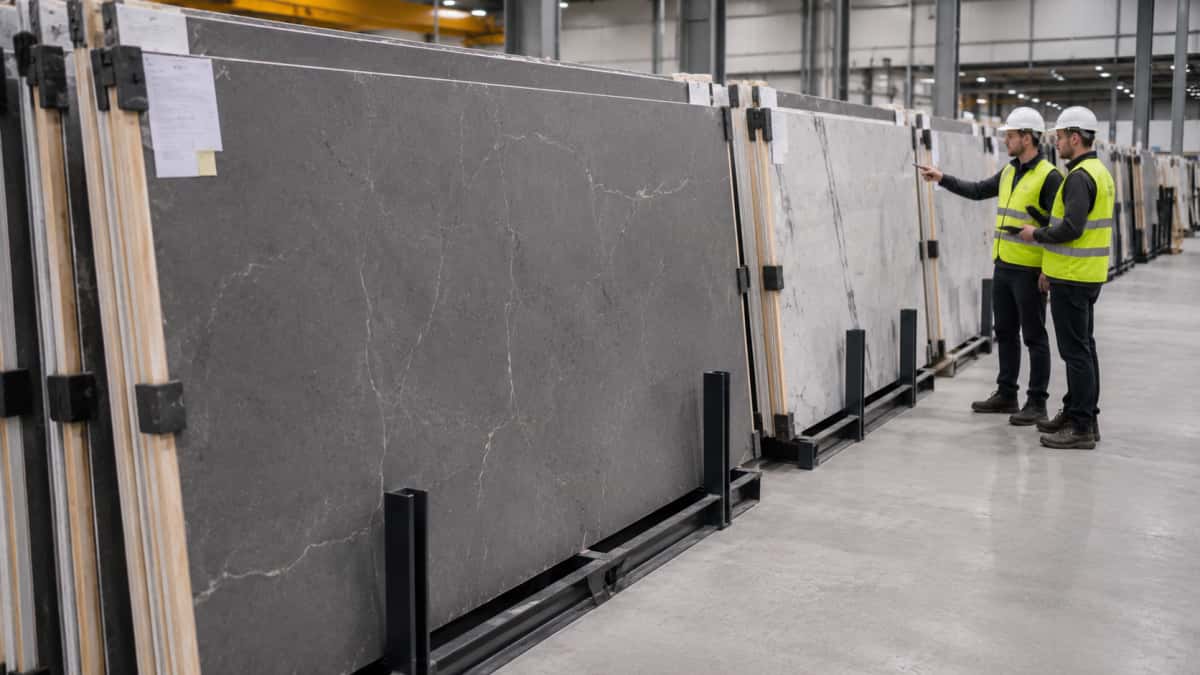 sintered-stone-panel-site-storage Sintered stone panels stored with stable support before installation