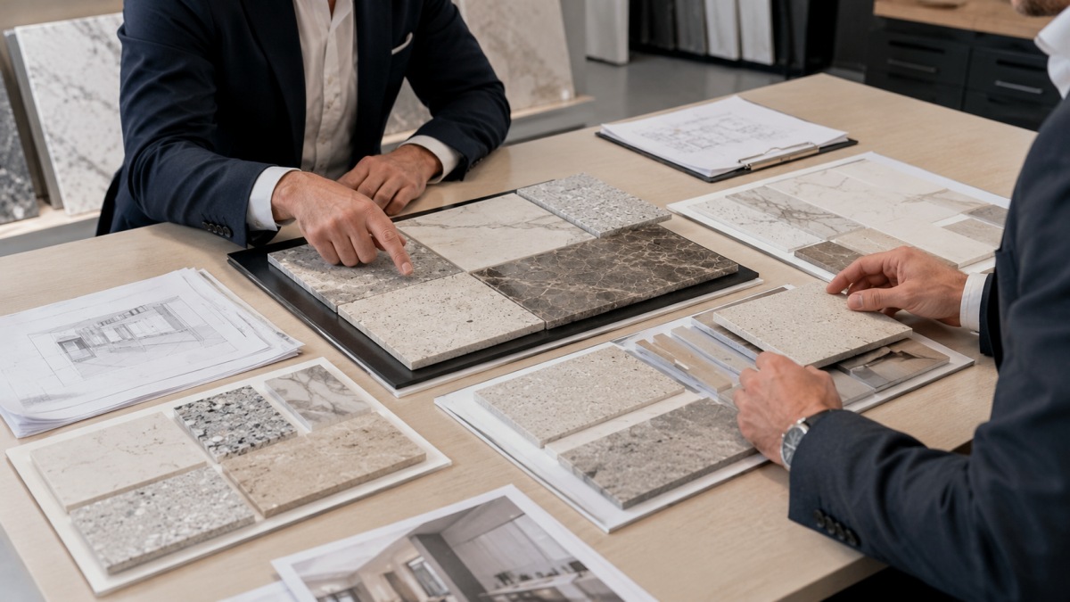 stone-mockup-sample-approval-review Project buyers reviewing stone mockup samples before material approval and production