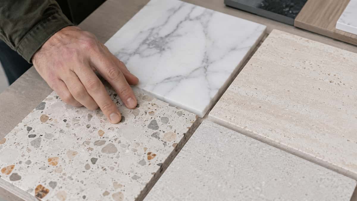 stone-sample-board-review-color-finish Stone sample board review showing color range surface finish and material texture