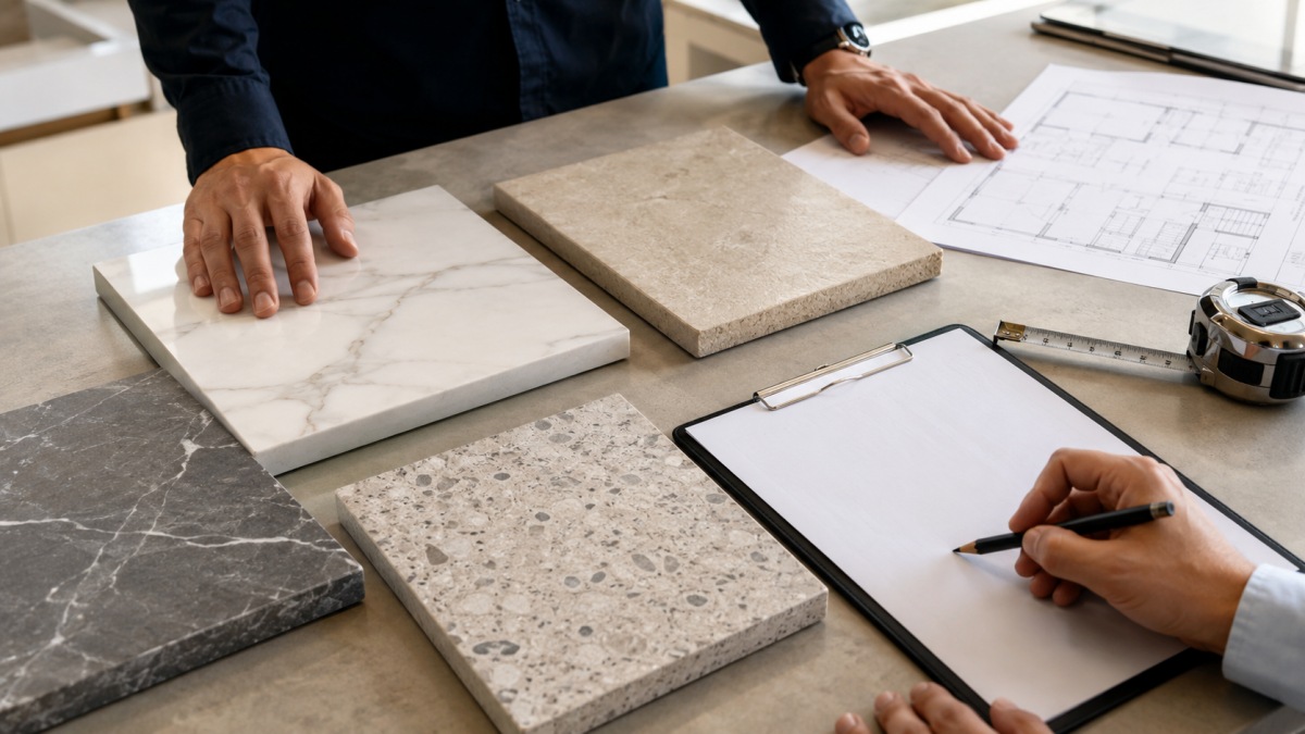 mockup-inspection-checklist-stone-project Mockup inspection checklist with stone samples drawings and measuring tools