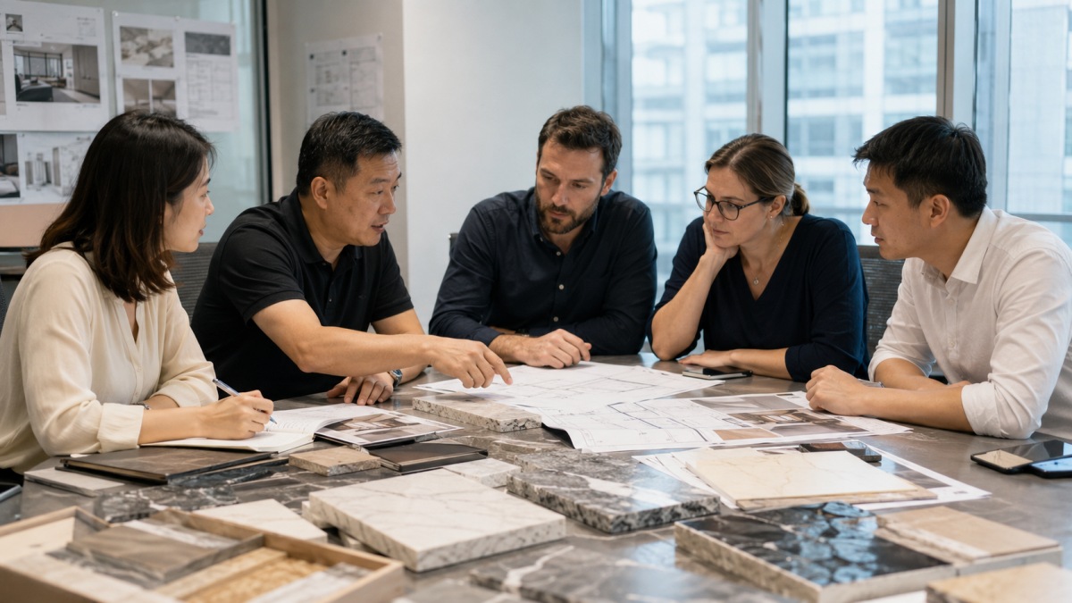 Stone buyers reviewing installation responsibility with supplier drawings and site documents before project work begins
