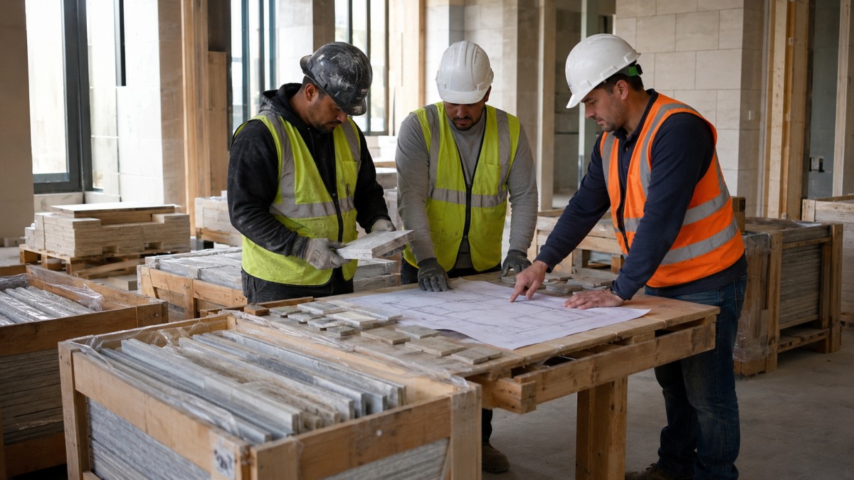 Stone site coordination before installation with crates opened and piece numbers checked