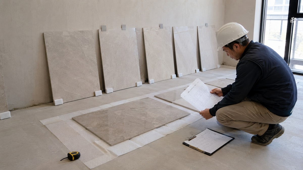 Clean stone project site with numbered stone panels, shop drawings, and installer checking layout before installation