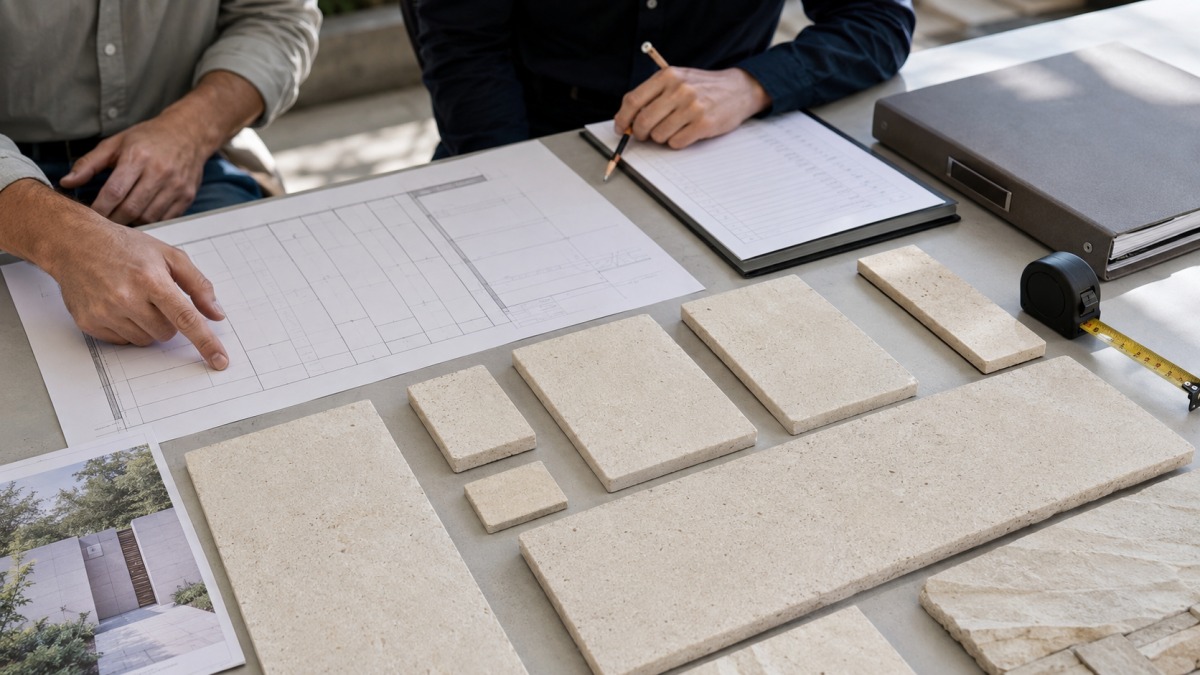 courtyard-entrance-stone-layout-review Courtyard entrance stone layout review with drawings and measuring tools