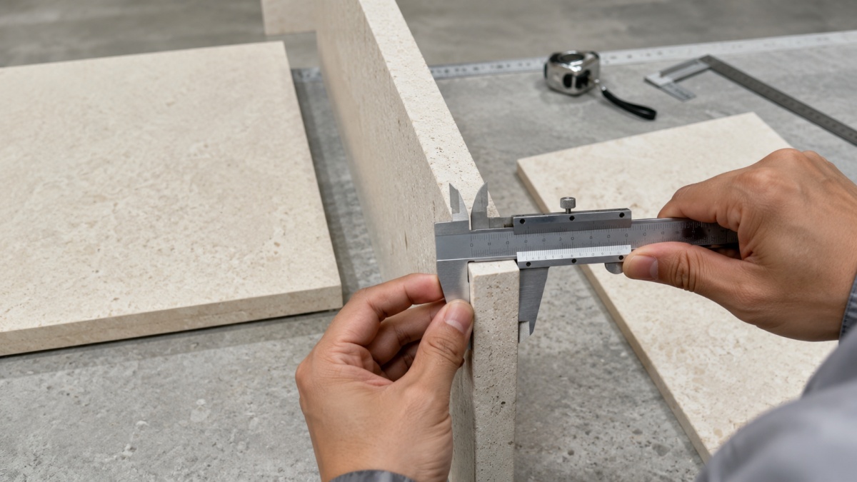 limestone-panel-qc-thickness-measurement Limestone panel QC thickness measurement with caliper clamped on the stone edge