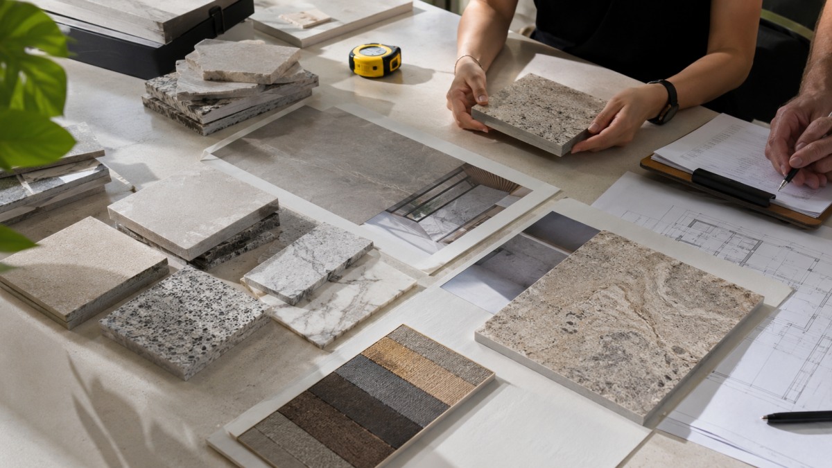stone-project-material-approval-checklist Stone samples, drawings, inspection documents, and project approval checklist on a clean work table
