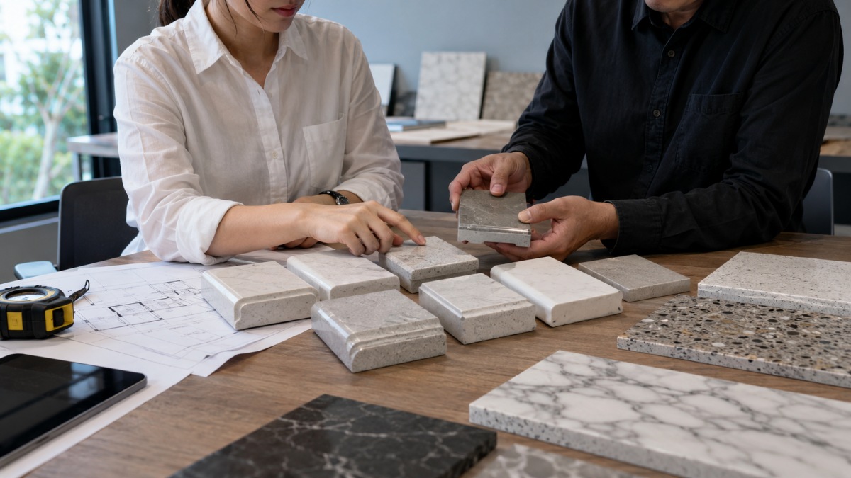 stone-edge-profile-approval-before-fabrication Project buyer and stone supplier reviewing edge profile samples before fabrication