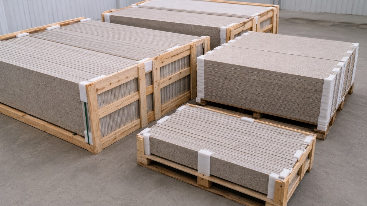 fabricated-stone-pieces-edge-protection-packing Fabricated stone pieces packed with foam and edge protection before export shipment