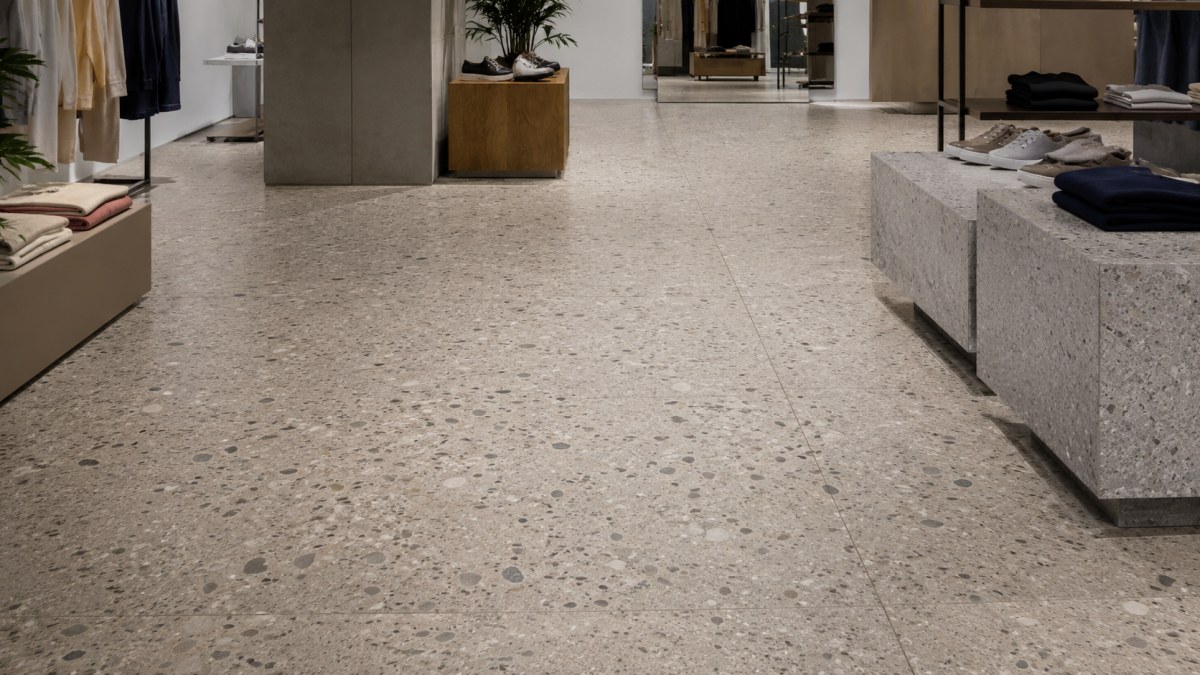 terrazzo-stone-floors-retail-interior Terrazzo stone floors in a clean retail interior with balanced aggregate character