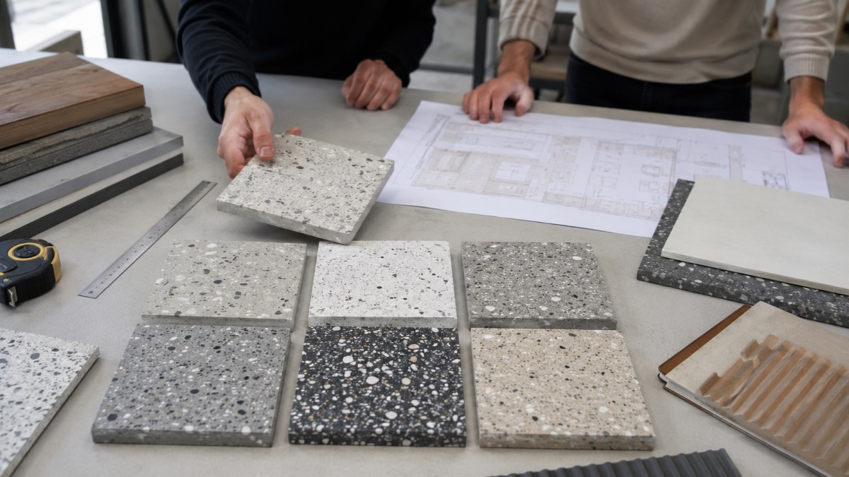 terrazzo-samples-retail-flooring-review Terrazzo samples reviewed with retail flooring drawings and material boards