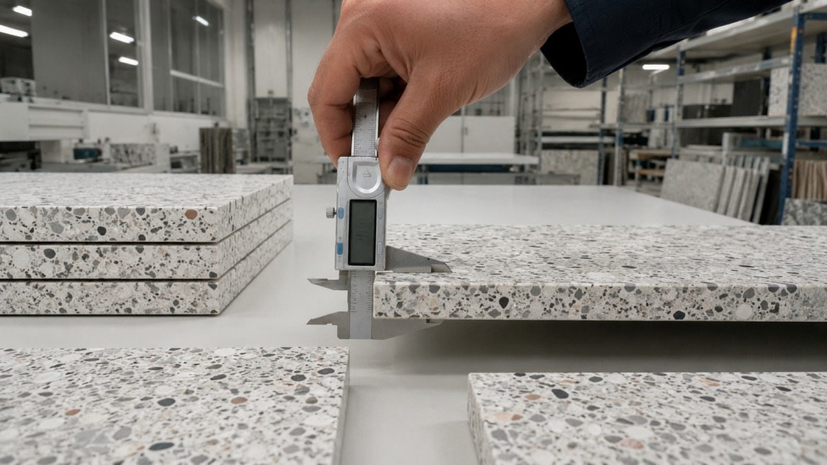 terrazzo-tile-project-qc-measurement Terrazzo tile project QC measurement with size and thickness checking