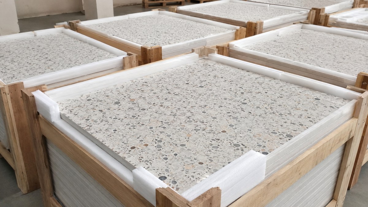 terrazzo-stone-export-packing Terrazzo stone tiles packed with protective materials for export project supply