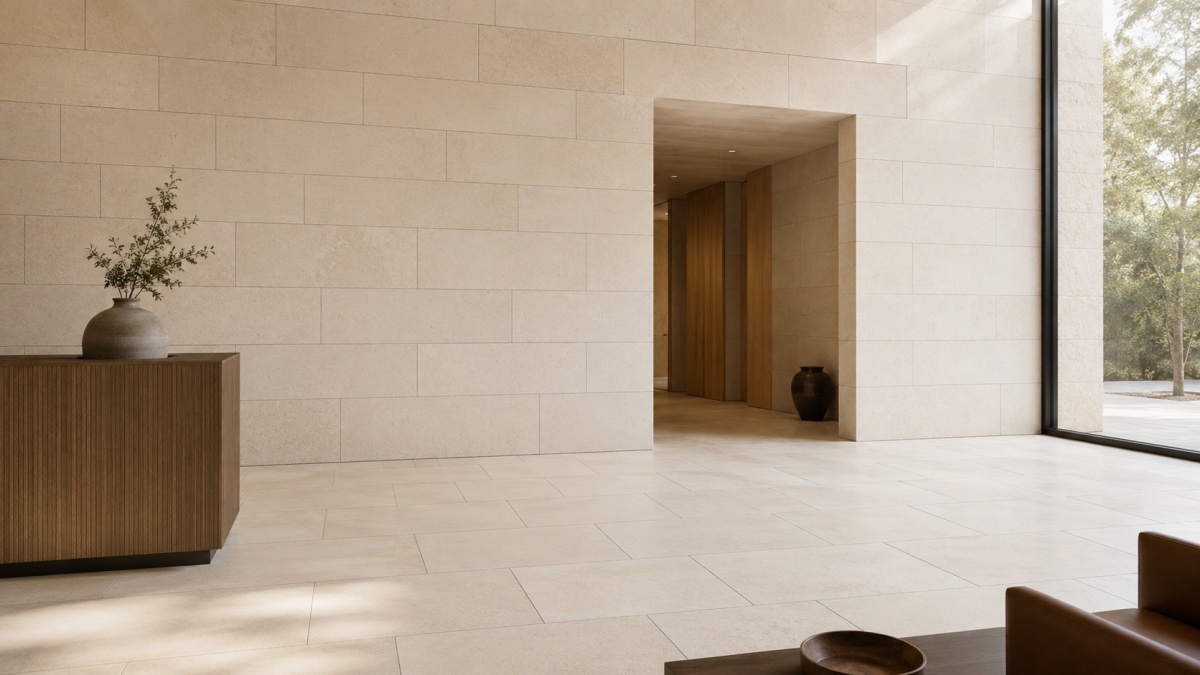 Cotswold Cream Limestone Interior Wall Cladding Cotswold Cream limestone interior wall cladding with warm cream beige tone, fine fossil texture, subtle pores, and calm matte natural surface.