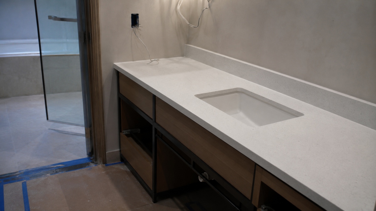 Quartz countertop sink opening with cabinet support reviewed before installation