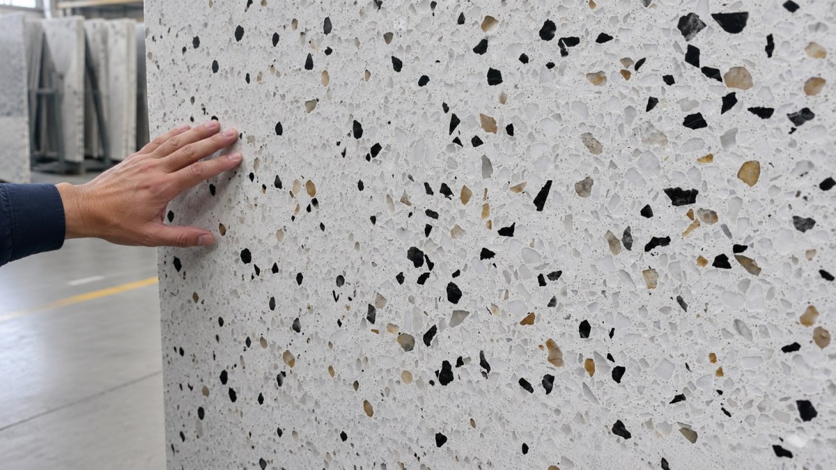 Honed terrazzo surface reviewed under practical factory lighting to check finish and aggregate clarity 