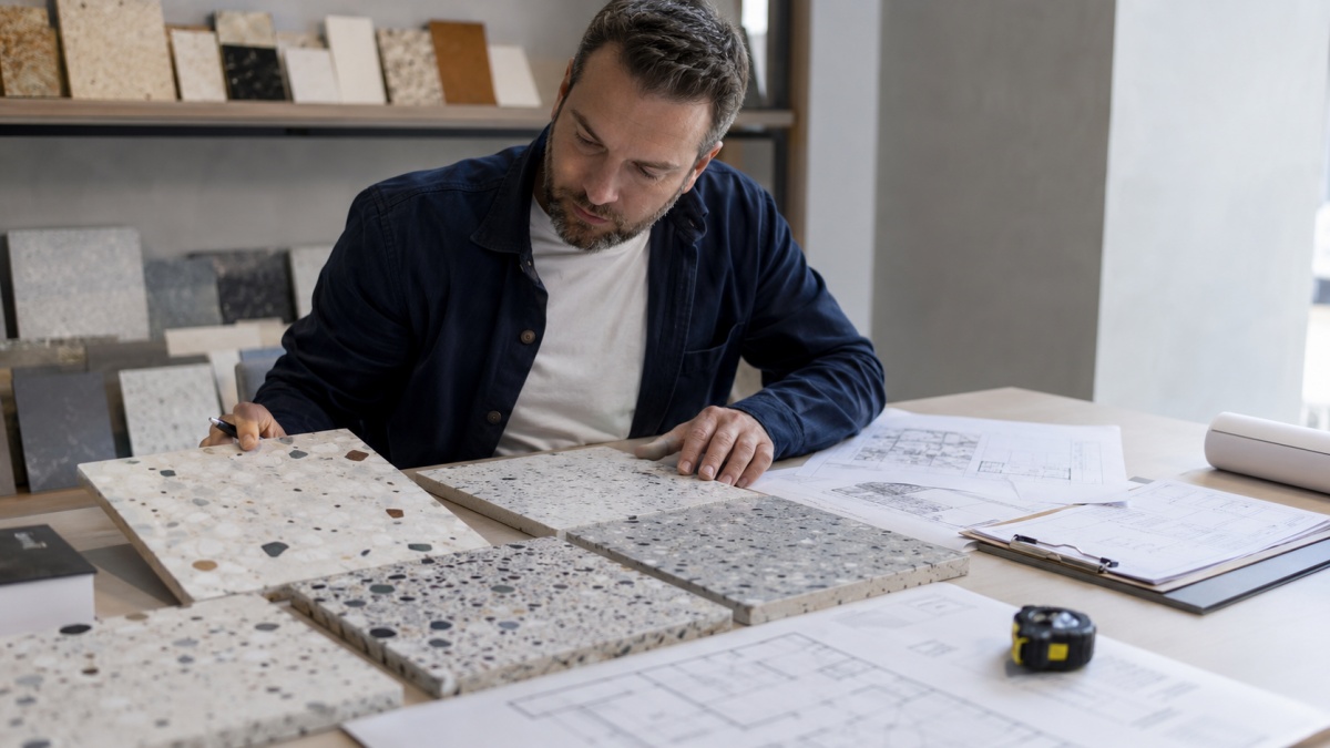 terrazzo-slab-ordering-checklist-hero Project buyer reviewing terrazzo slab samples, drawings, and order details before production