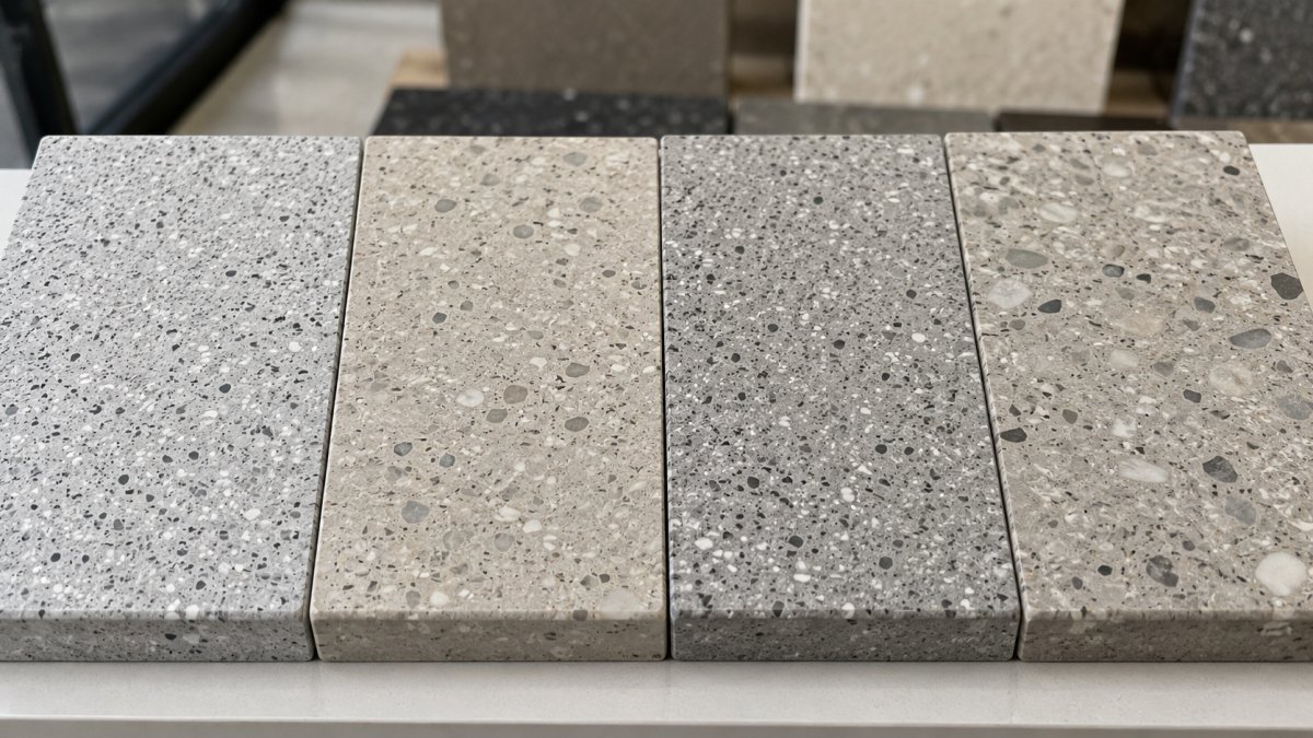terrazzo-type-and-chip-size-comparison Close-up comparison of different terrazzo slab chip sizes and matrix colors