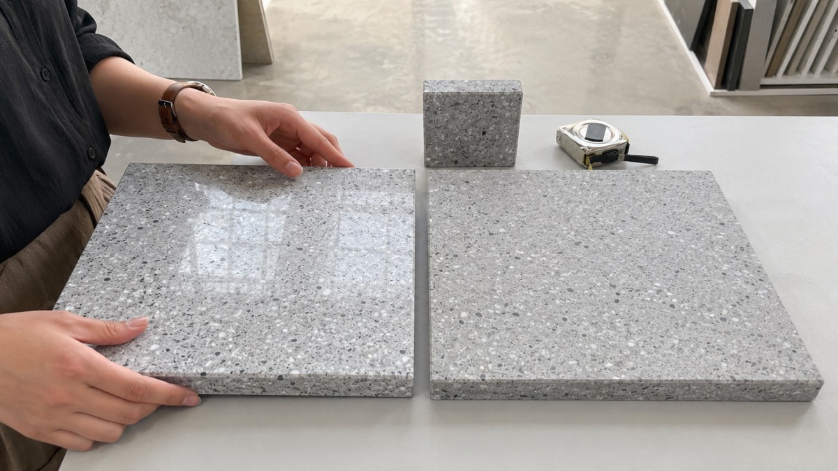 terrazzo-finish-review-before-approval Buyer comparing polished and honed terrazzo slab finishes under natural light
