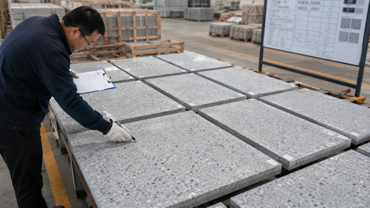 terrazzo-slab-pre-shipment-photo-review Pre-shipment review photos of terrazzo slabs prepared for project buyer confirmation