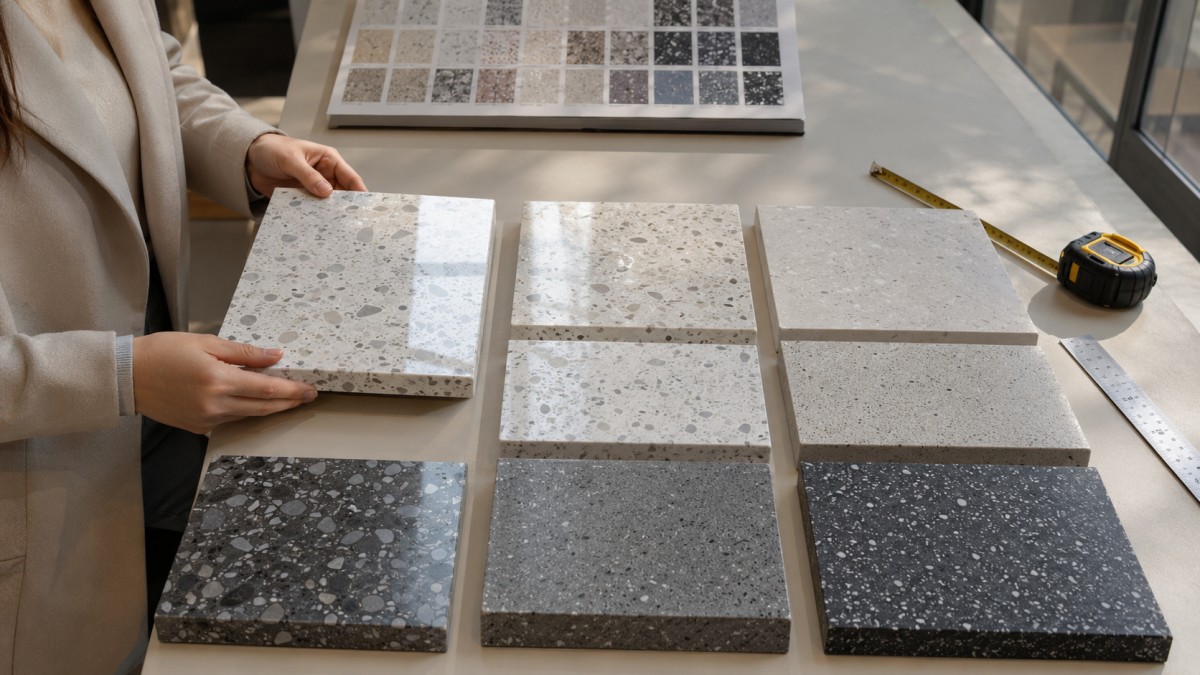 terrazzo-finish-review-under-natural-light Buyer comparing polished and honed terrazzo samples under natural daylight