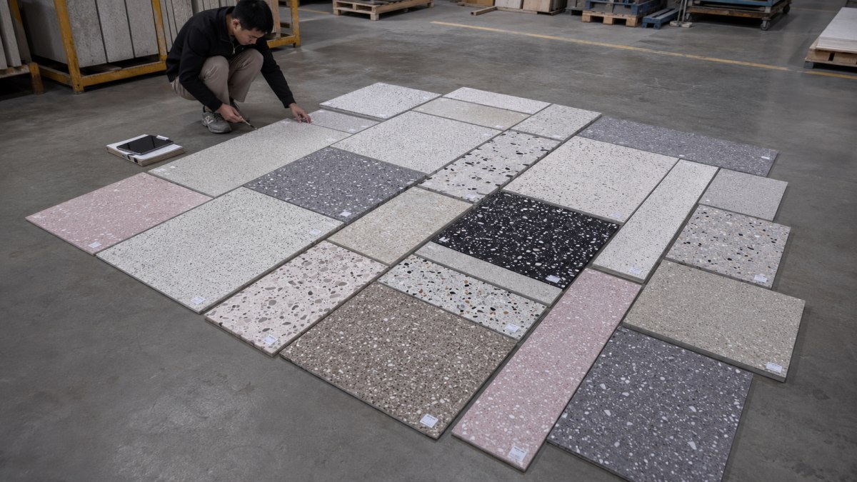 terrazzo-dry-lay-photo-review-for-cut-to-size-project Terrazzo cut-to-size pieces arranged for dry lay photo review before packing