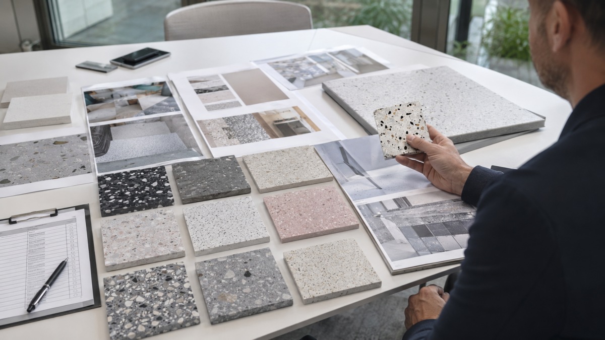 Project buyer reviewing terrazzo samples and full slab photos to compare color variation before approval