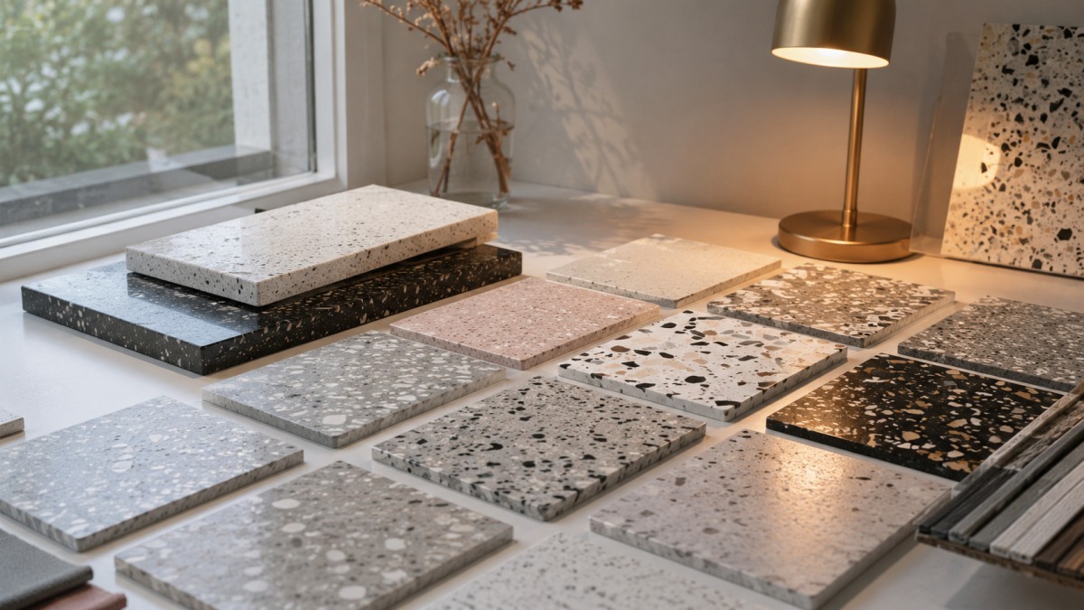 Terrazzo samples reviewed under natural daylight and indoor lighting to compare color appearance