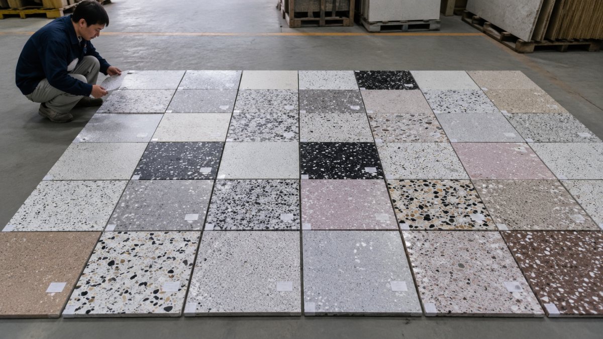 Terrazzo cut-to-size pieces arranged for dry lay review to check color variation before packing