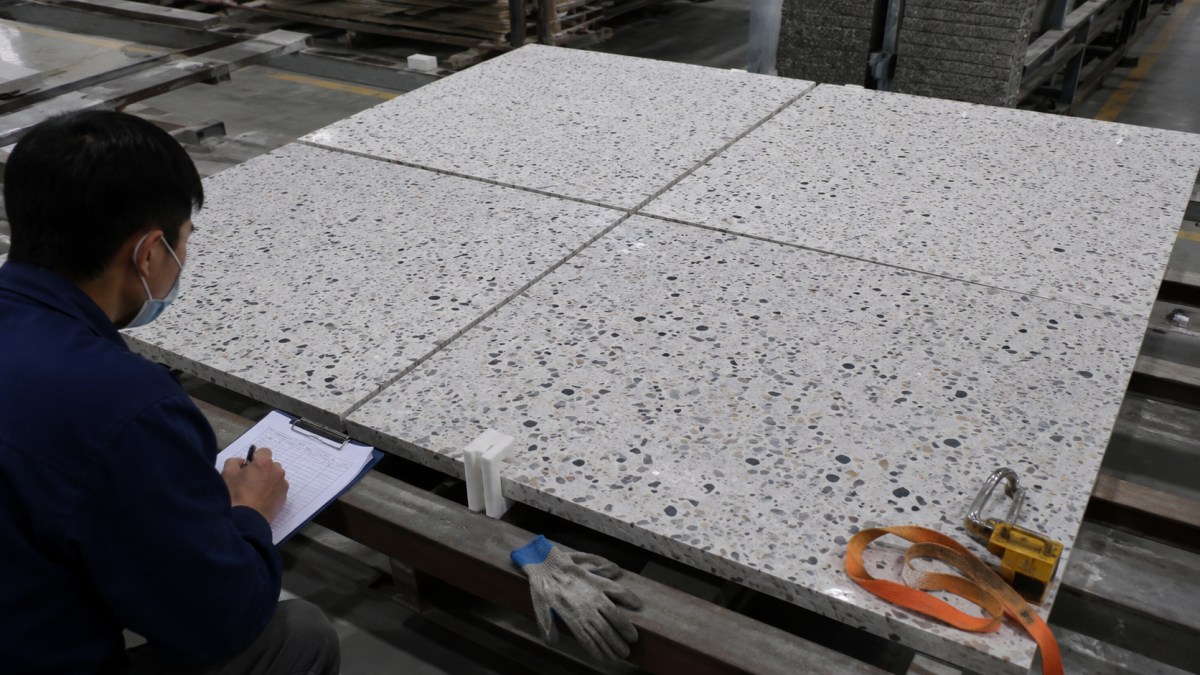 Terrazzo slabs from the same batch reviewed for color consistency and spare material planning