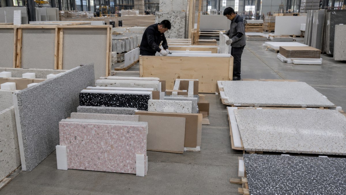 terrazzo-slab-packing-thickness-risk Terrazzo slabs packed with protective spacing for export shipment