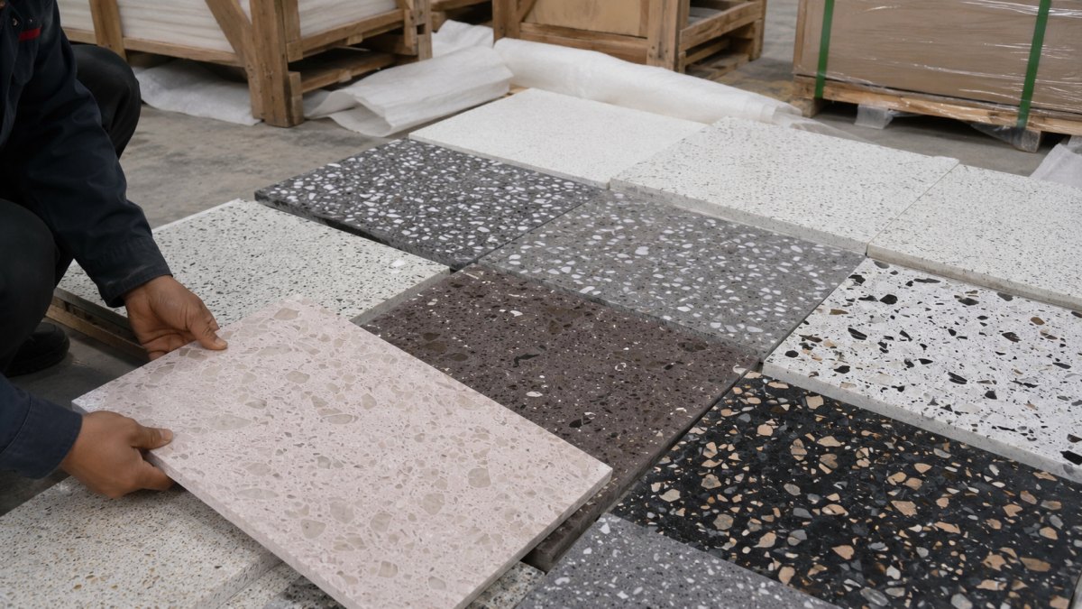 Terrazzo surface and aggregate distribution checked before packing