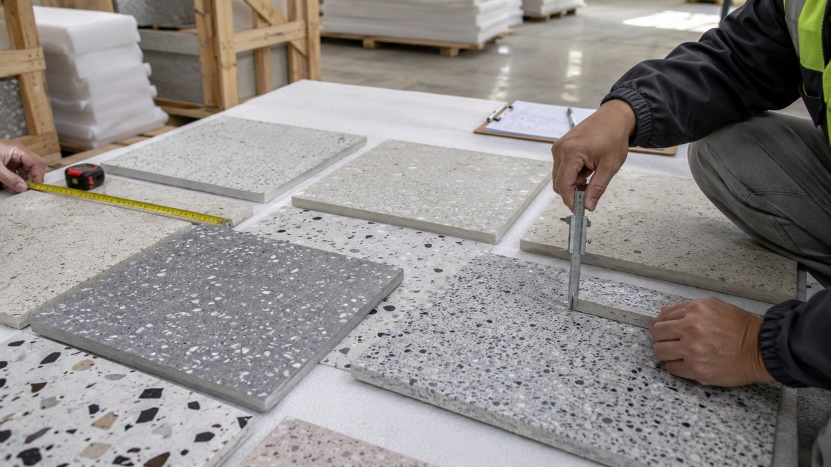 Thickness and size check for terrazzo tiles before packing